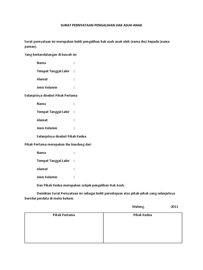 Surat Pernyataan Pengalihan Hak Asuh Anak) | PDF