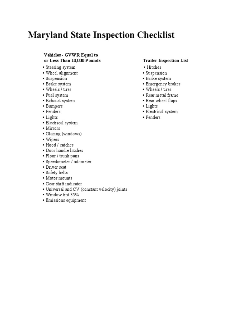 Maryland Vehicle Inspection Checklist | PDF