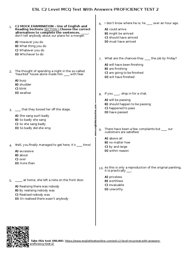 691 Esl c2 Level MCQ Test With Answers Proficiency Test 2 | PDF ...
