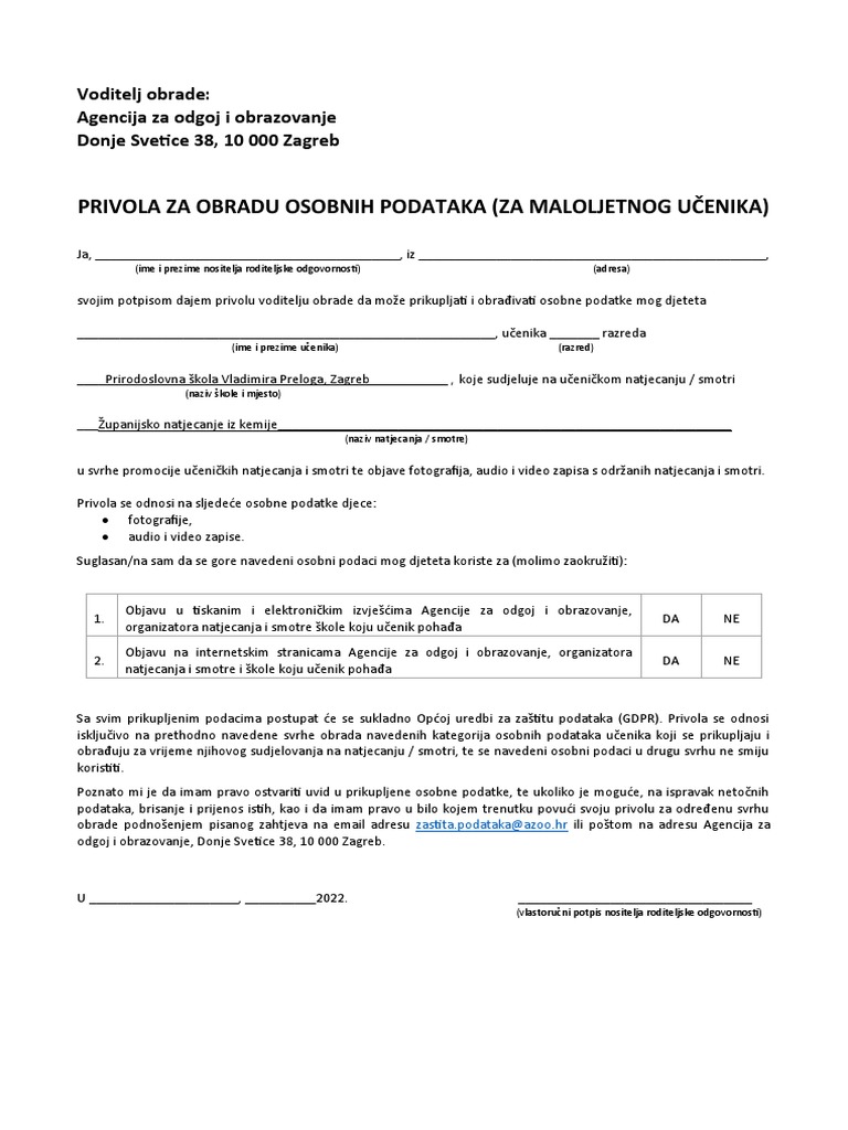 Privola za učenike | PDF