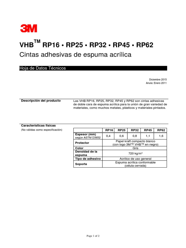 74hoja Tecnica 3m VHB rp16 rp25 rp32 rp45 rp62 | PDF | Materiales | Química