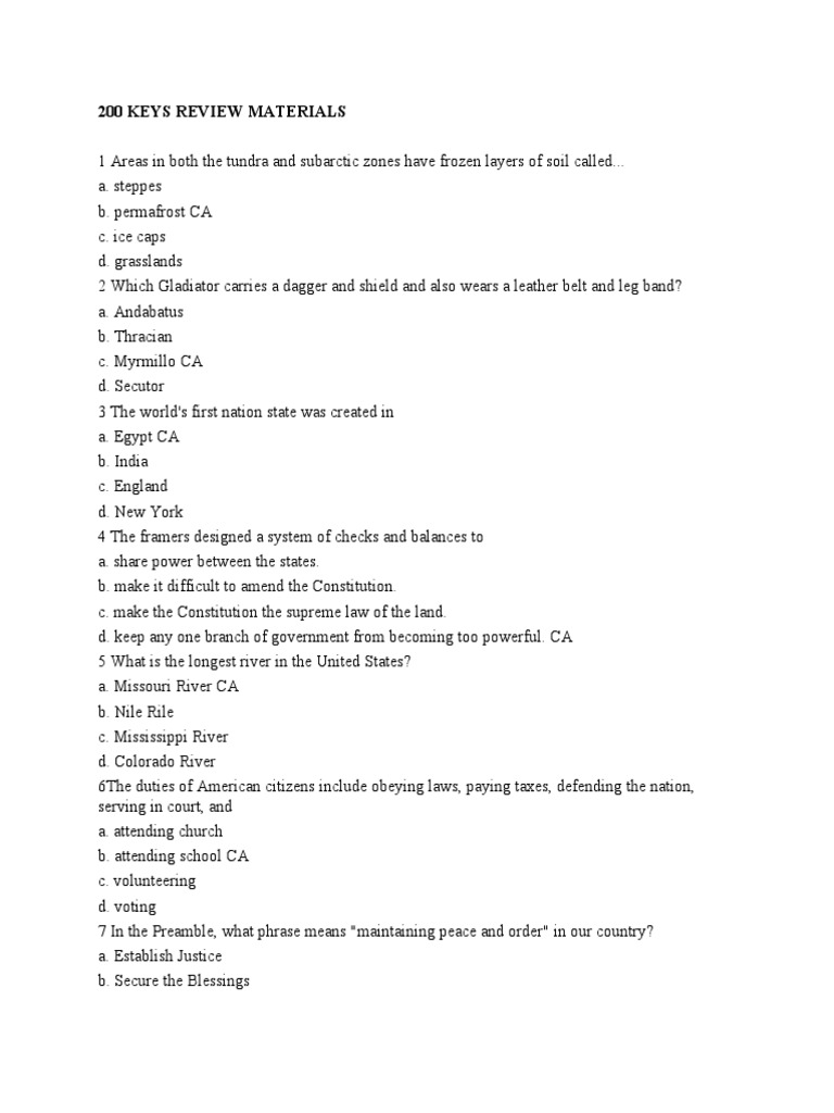 200 Key Review Questions for Students | PDF | The United States | Veto