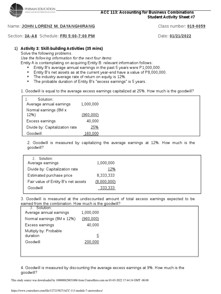 ACC 113 Module 7 Answer | PDF | Goodwill (Accounting) | Equity (Finance)