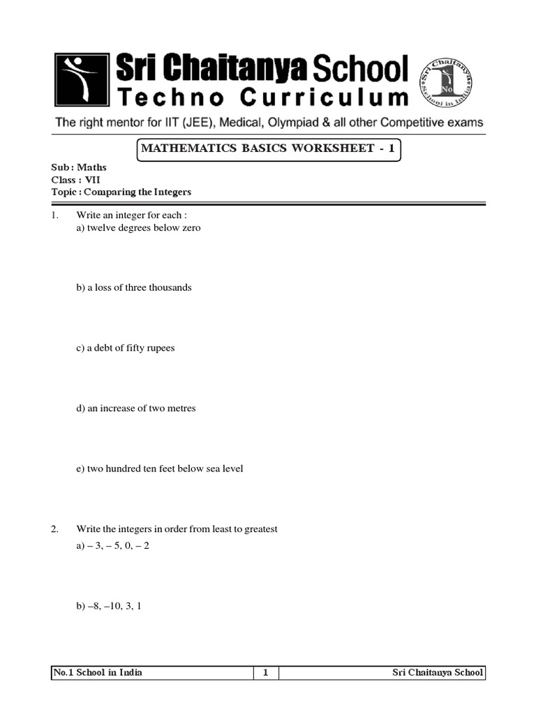 VII Class Maths Basics Worksheet | PDF
