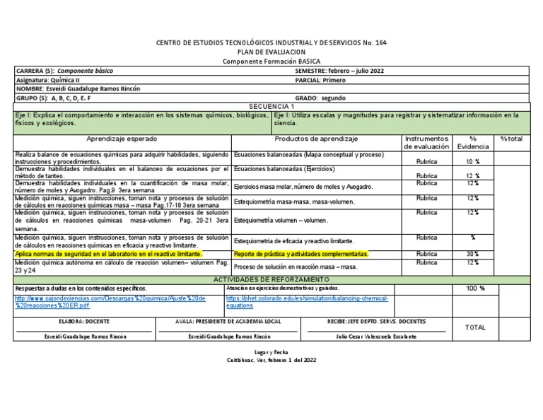 Plan de Evaluación Química II 2022 | PDF | Estequiometría | Química