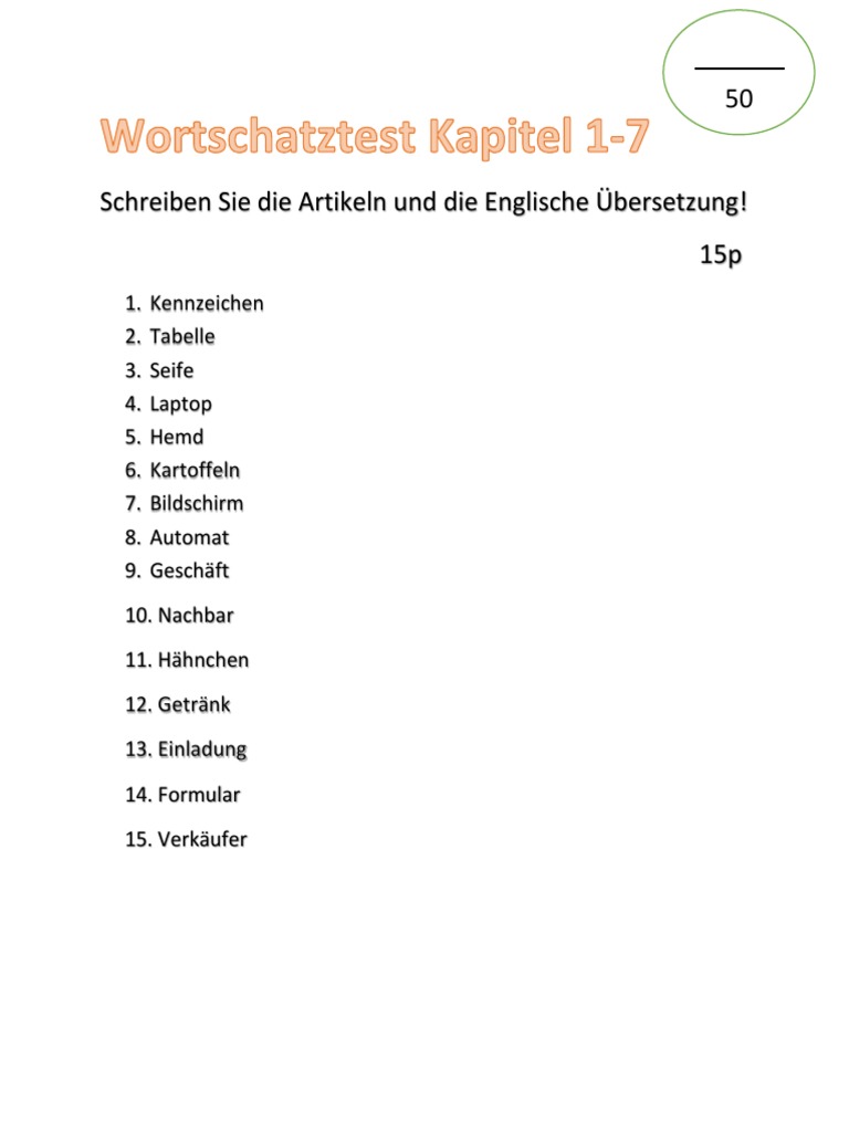 Wortschatztest Kapitel 1-8 A1 - M | PDF