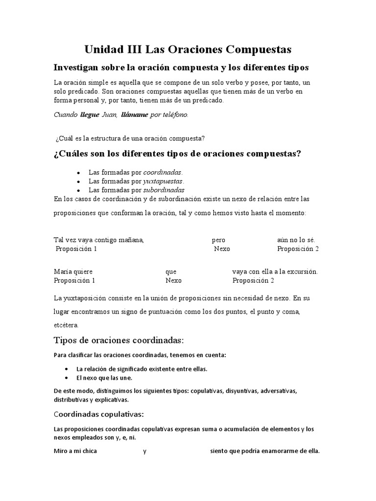 Tipos de Oraciones Compuestas | PDF | Oración (Lingüística) | Gramática
