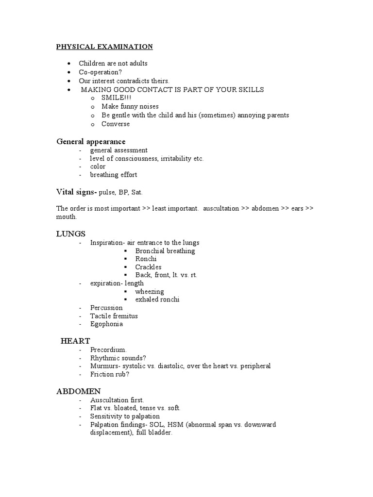 Pediatric Physical Exam Guide | PDF | Lung | Clinical Medicine