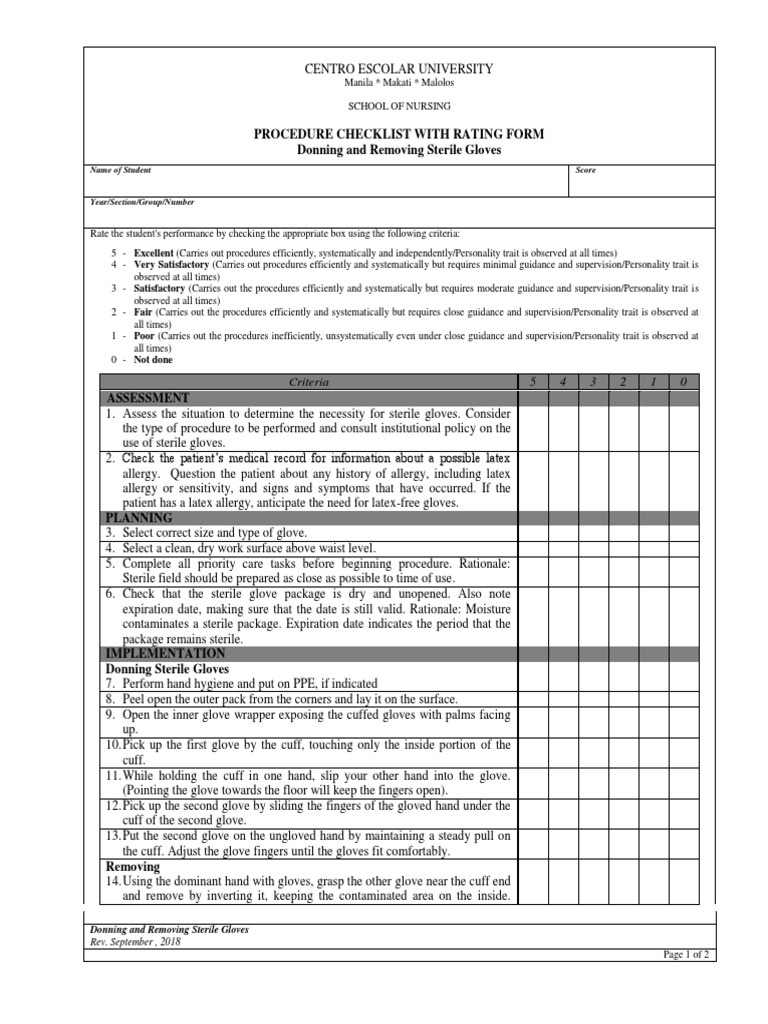 Procedure Checklist With Rating Form Donning and Removing Sterile