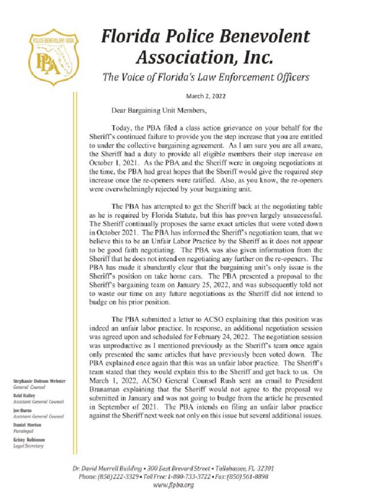 PBA Letter To Union Members | PDF