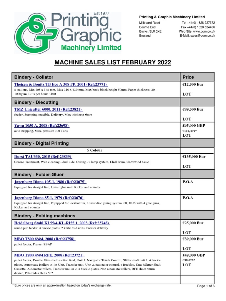 Machine Sales List February 2022 Price Bindery Collator PDF Bookbinding Manufactured Goods