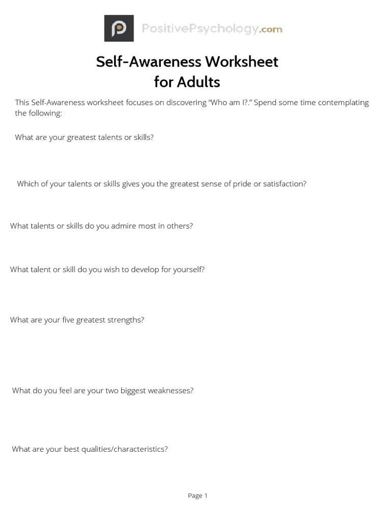 Self Awareness Worksheet For Adults | PDF
