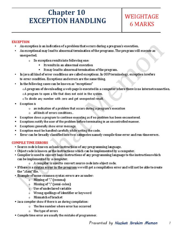 STD 12 Computer Chapter 10 Exception Handling in Java | PDF | Java ...