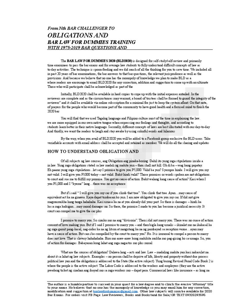 Obligations and Contracts Bar Law For Dummies Training Program PDF