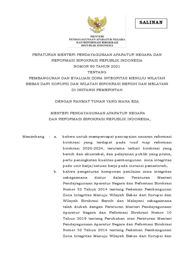 Permenpanrb No 90 Tahun 2021 Pembangunan Dan Evaluasi Zi Menuju Wbk
