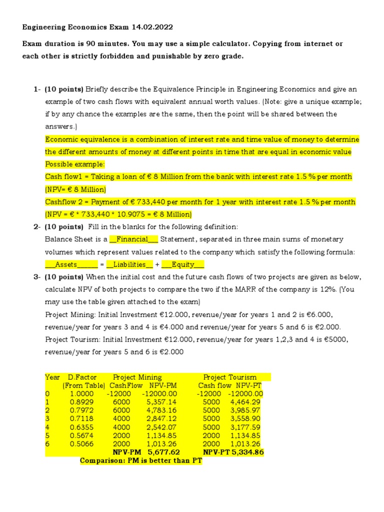 Engineering Economics Exam Overview | PDF | Net Present Value | Interest