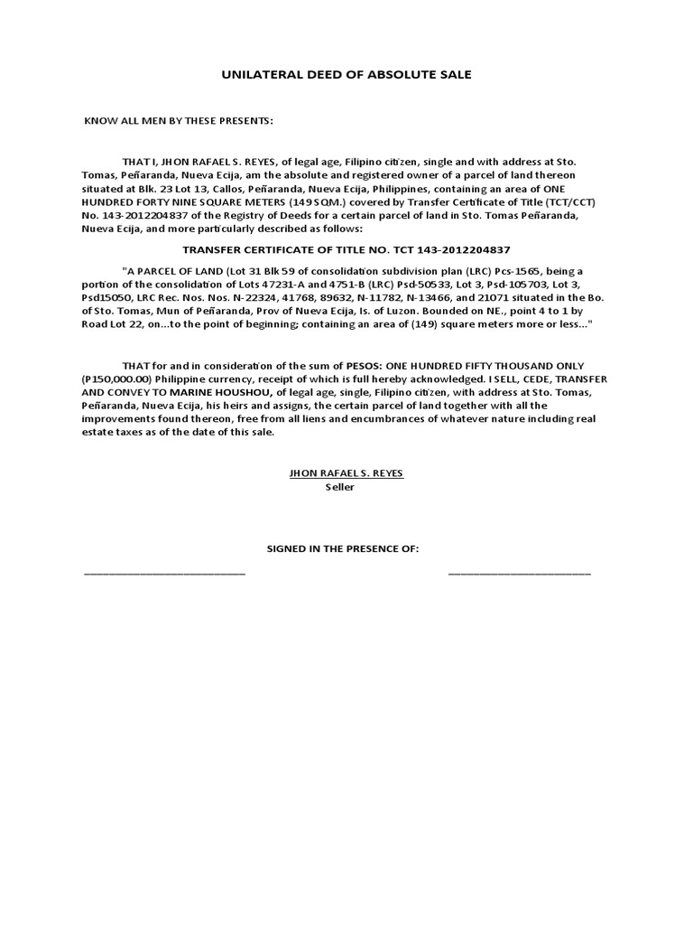 Deed of Absolute Sale New Unilateral Jhon Rafael S. Reyes PDF Real