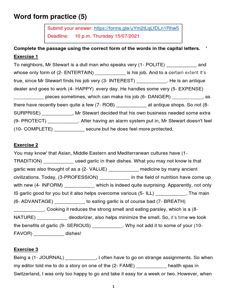 Word Form Practice Exercises | PDF | Garlic