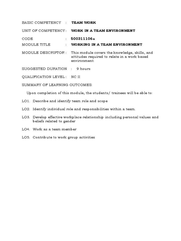 Working in a Team Environment Module | PDF | Educational Assessment ...