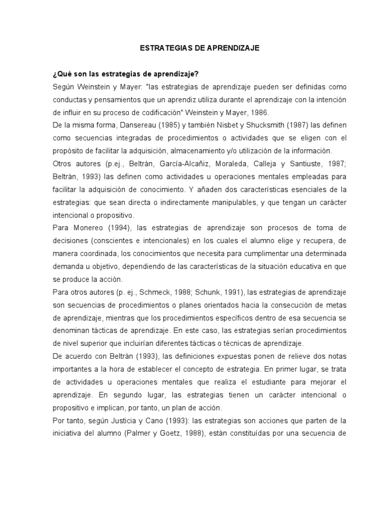 Estrategias de Aprendizaje según Weinstein y Mayer | PDF | Teoria de la ...