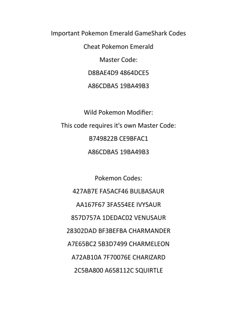 A Comprehensive Collection of Pokemon Emerald GameShark Codes for
