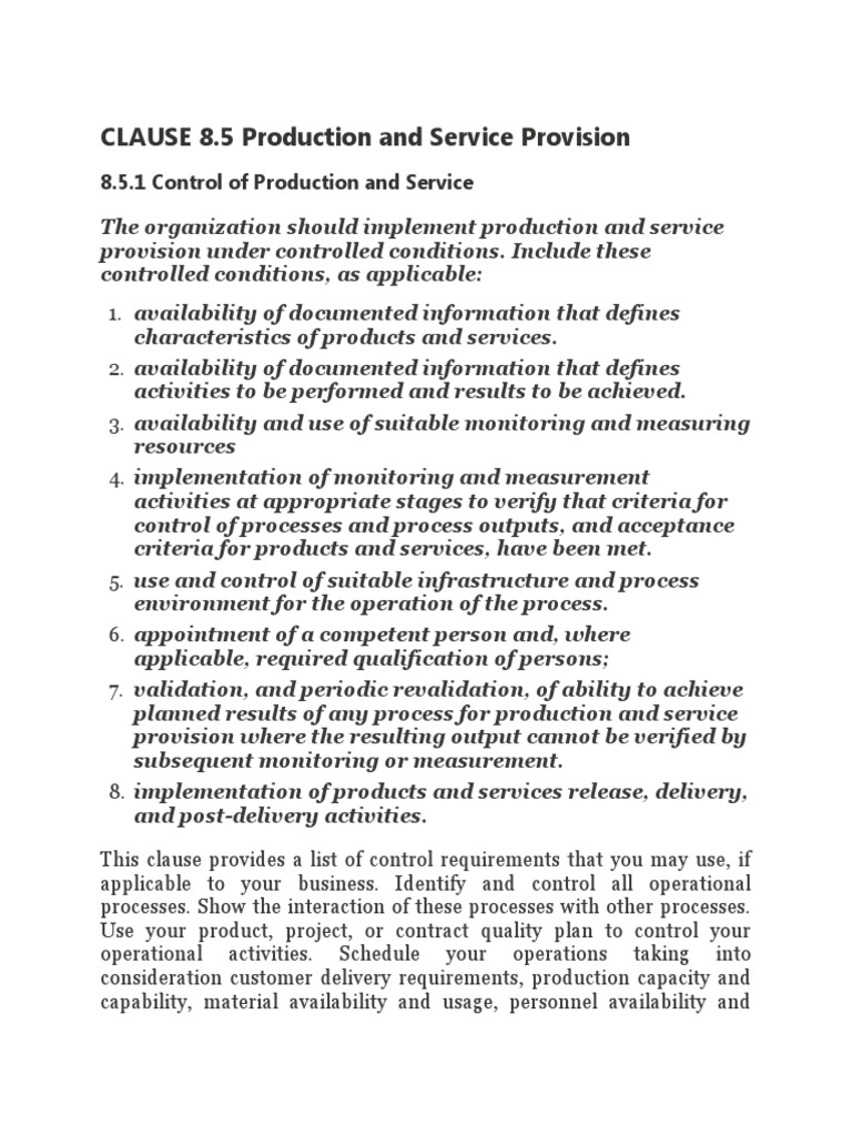 CLAUSE 8.5 Production and Service Provision PDF Verification And