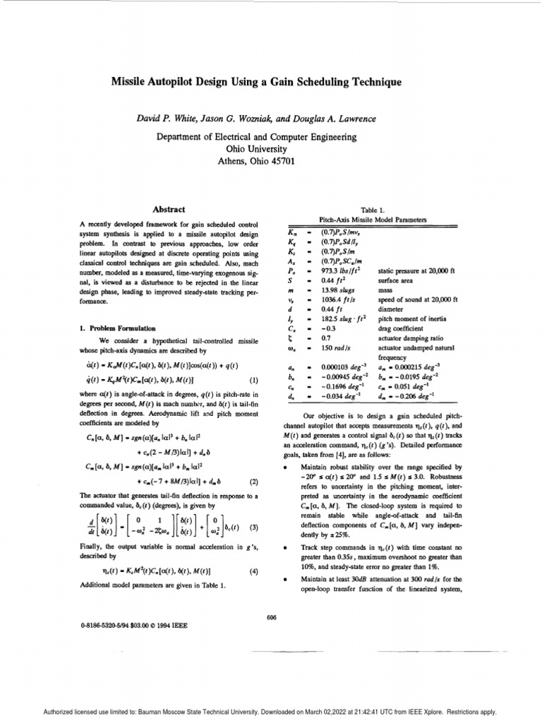 Missile Autopilot Design Using A Gain Scheduling Technique PDF