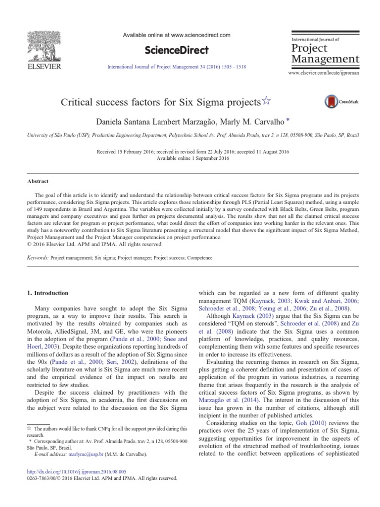 Critical Success Factors For Six Sigma Projects: Sciencedirect | PDF ...