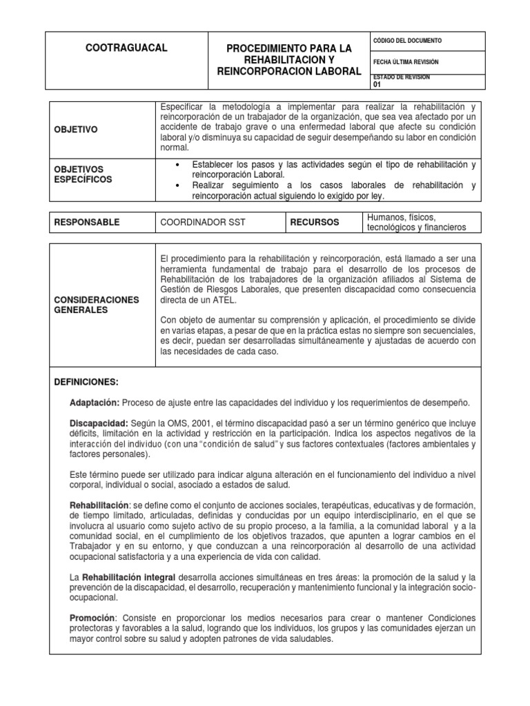Procedimiento de Rehabilitación Laboral | PDF | Evaluación | Invalidez