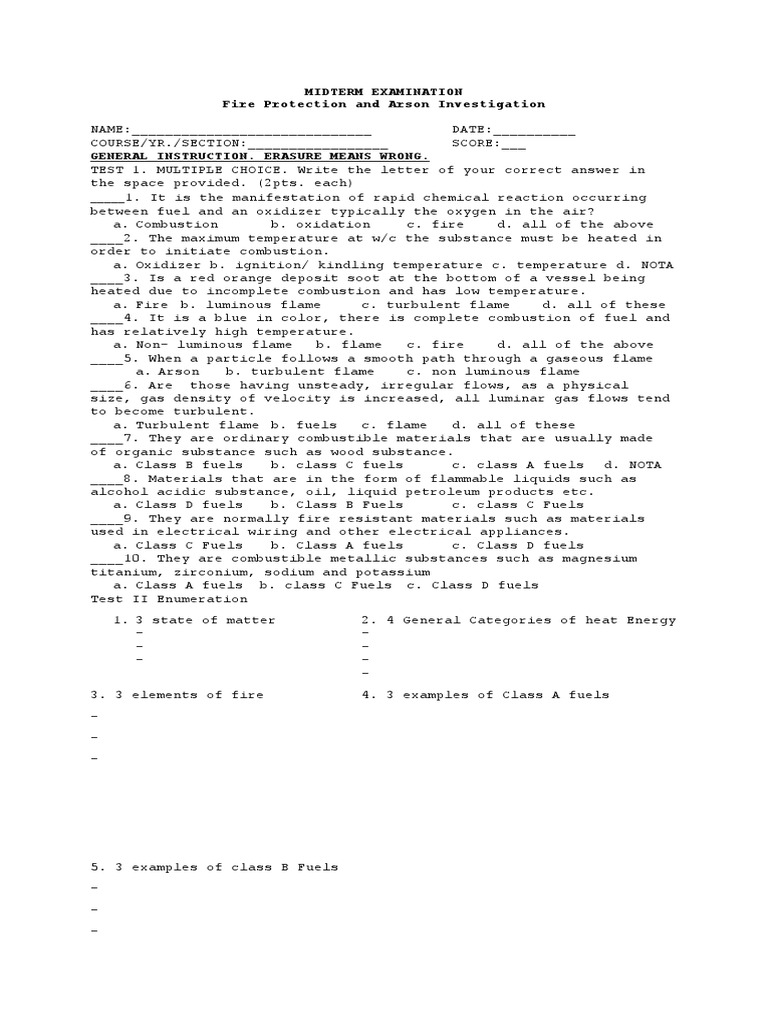 Midterm Examination Fire Protection and Arson Investigation | PDF ...