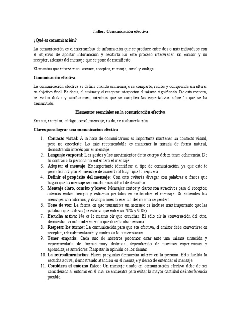 Taller Comunicacion Efectiva | PDF | Comunicación | Comunicación no verbal