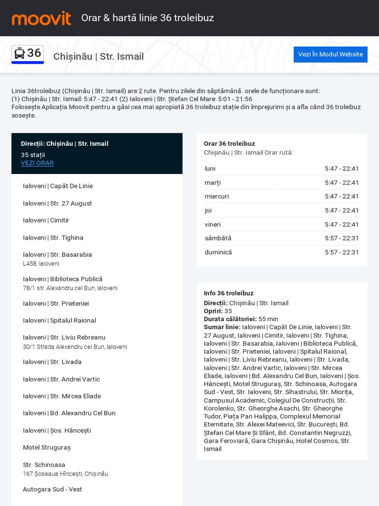 Chișinău - Str. Ismail: Orar & Hartă Linie 36 Troleibuz | PDF