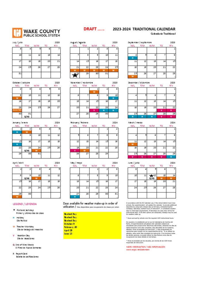 Draft Wake County 2023-24 School Calendars | PDF | Calendar