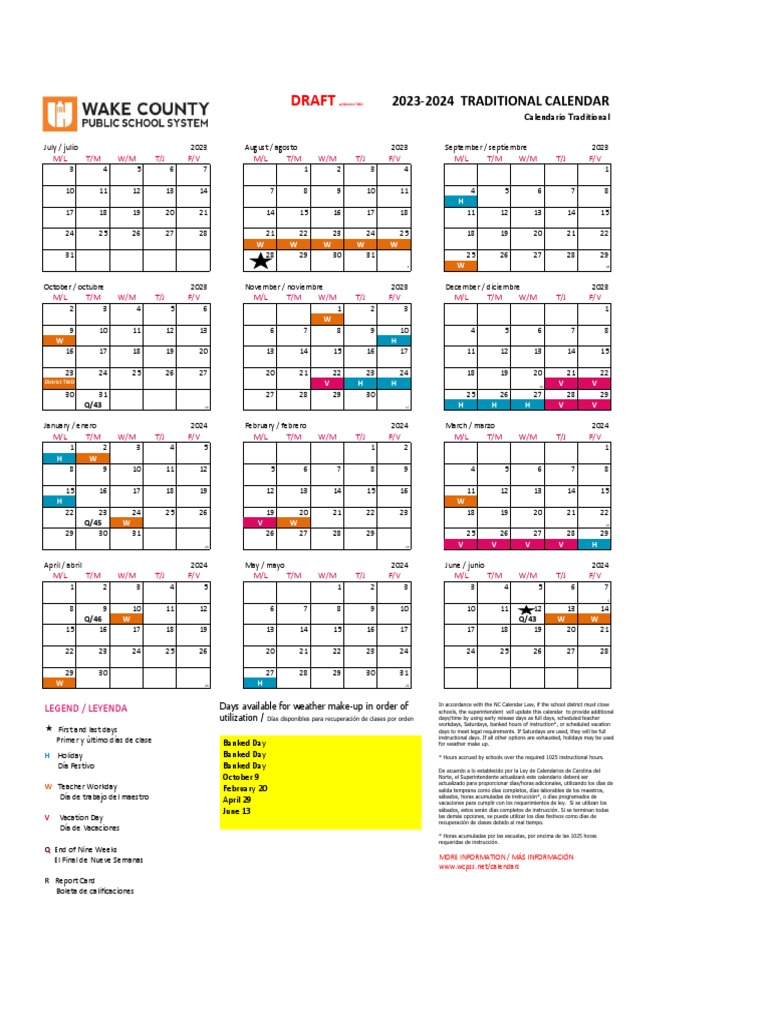 Draft Wake County 202324 School Calendars PDF Calendar