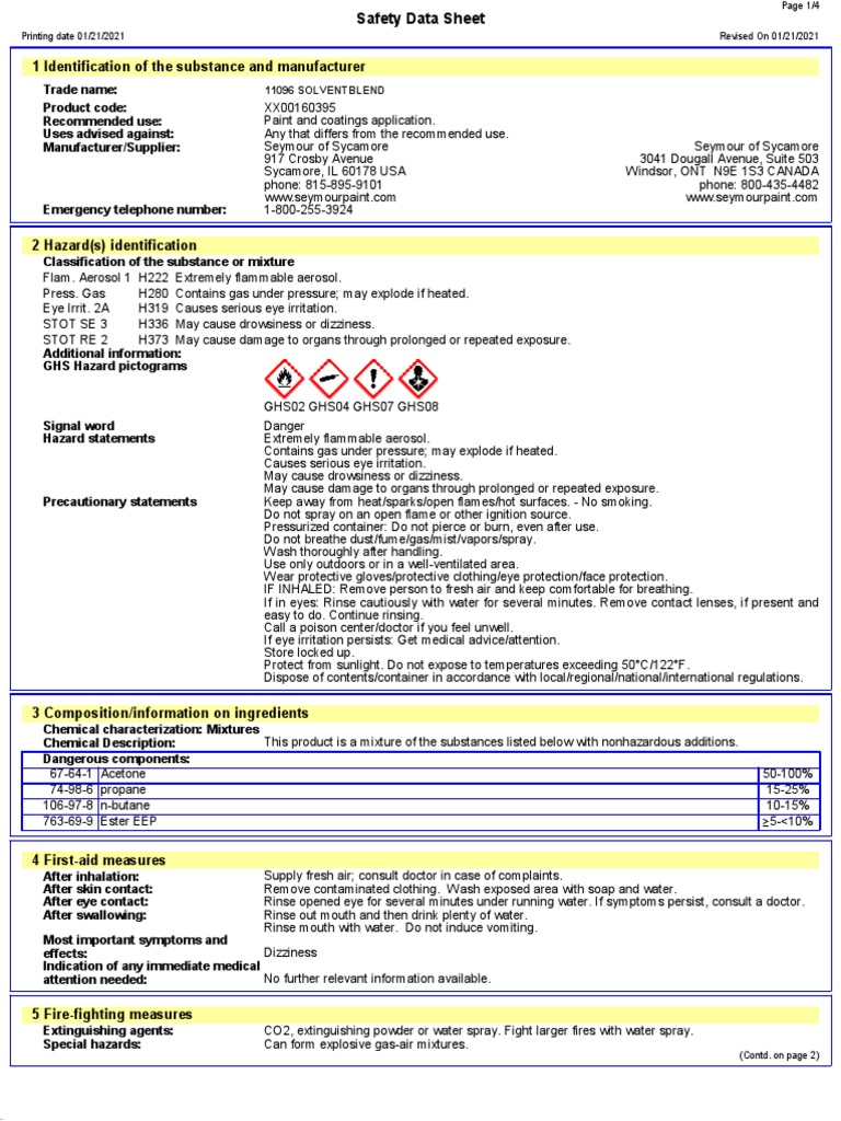 Safety Data Sheet for 11096 SOLVENTBLEND Extremely Flammable Aerosol