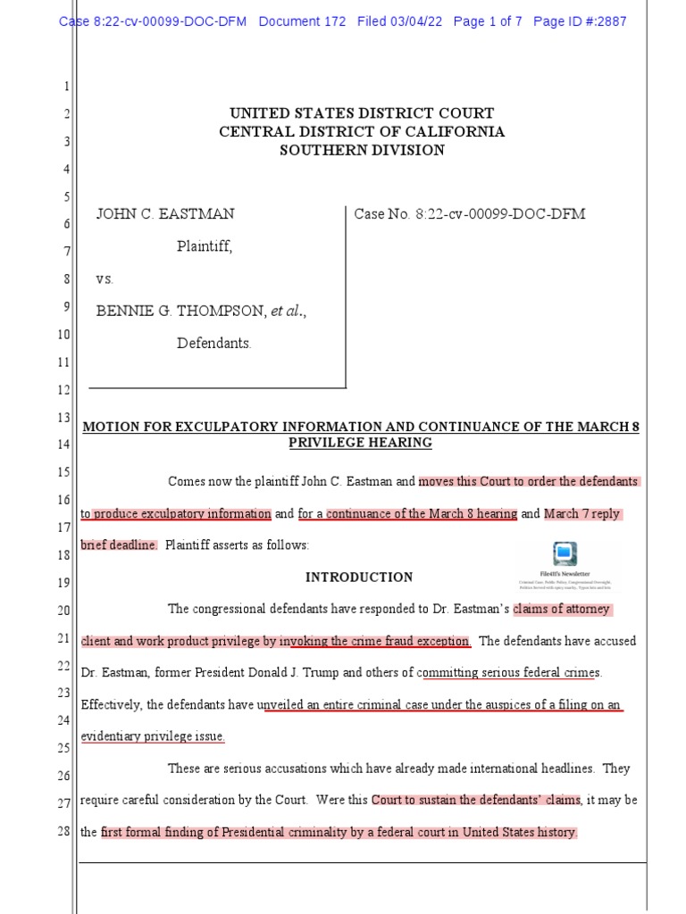 Eastman Motion for Exculpatory Evidence | PDF | Lawsuit | Deposition (Law)
