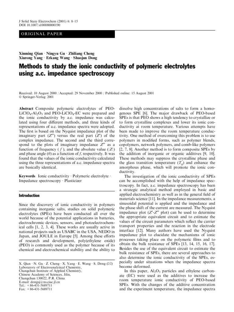 Methods To Study The Ionic Conductivity of Polymeric Electrolytes Using ...