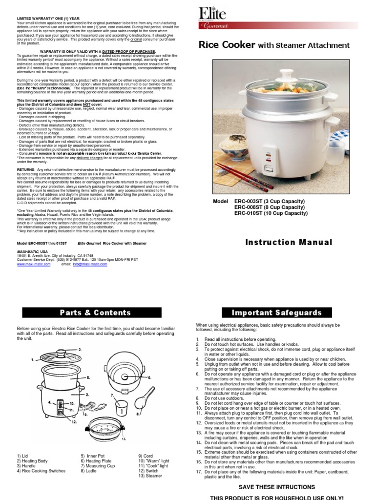 One Year Limited Warranty and Instruction Manual for Elite Gourmet Rice