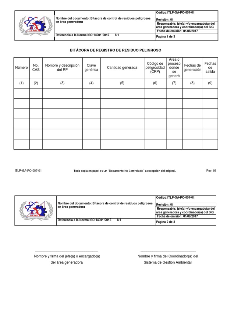 ITLP-GA-PO-007-01 Bitacora RP Area Generadora | PDF | Entorno natural