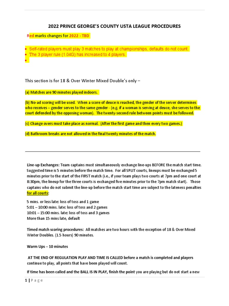 2022 PRINCE COUNTY USTA LEAGUE PROCEDURES RULE CHANGES, MATCH