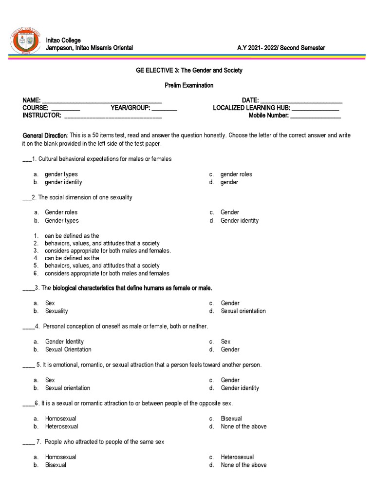 Gender and Society Prelim Exam Guide | PDF | Sexual Orientation ...