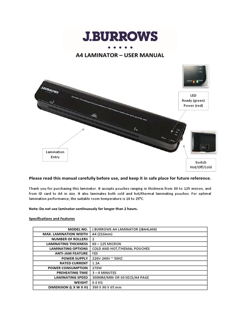 J.Burrows A4 Home Laminator User Instructions PDF Equipment