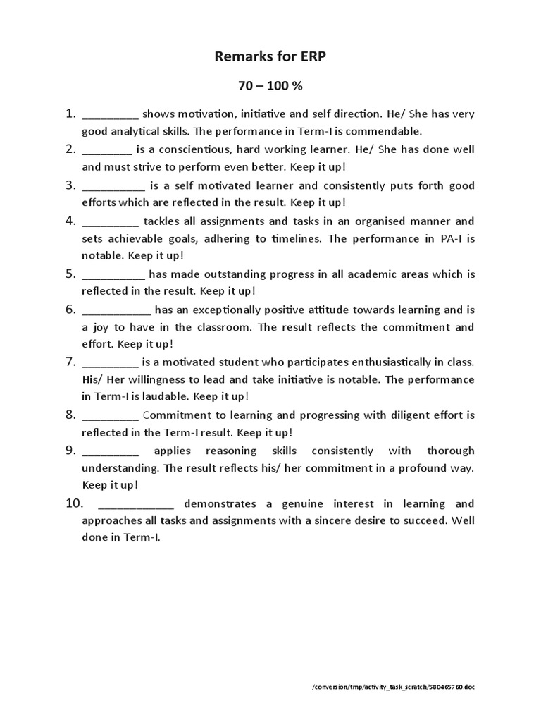 Academic Remarks For Marksheet | PDF | Learning | Behaviorism