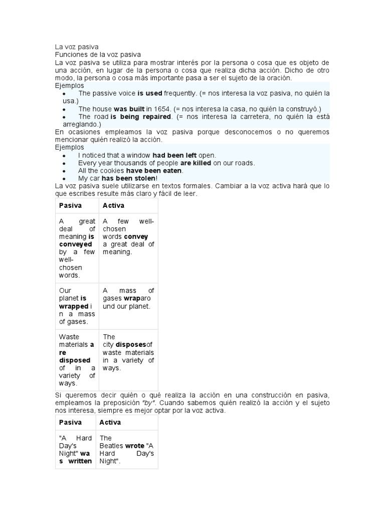 Explicación de la voz pasiva en inglés | PDF | Asunto (gramática) | Verbo