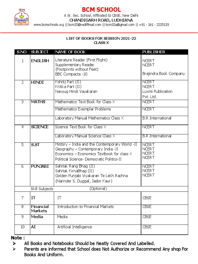 Class X Book List 2021 2022 N | PDF | Education Policy | Science