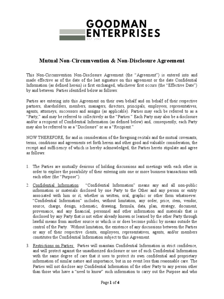 Goodman Enterprises NCNDA Download Free PDF Legal Remedy