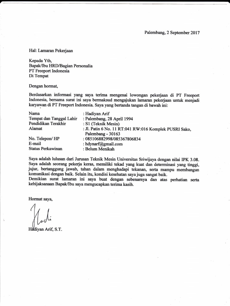 Surat Lamaran Kerja PT Freeport Indonesia | PDF