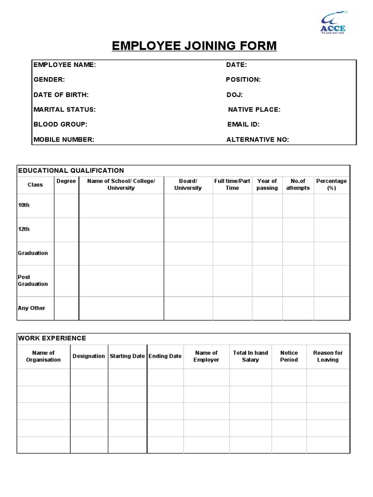 Employee Joining Form PDF