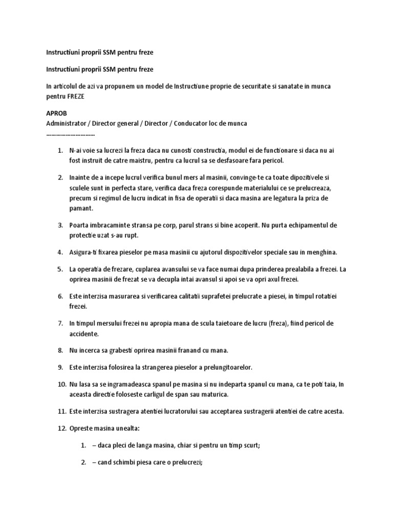Instructiuni Proprii SSM Pentru Freze | PDF