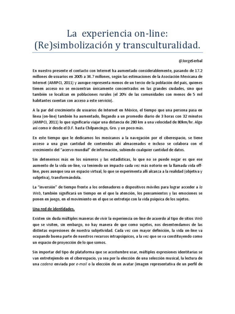 La Experiencia On Line Re Simbolizaci n Y Transculturalidad PDF